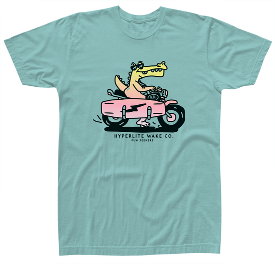 Fun Seeker Youth Tee: Tri-blend with cartoon crocodile on a pink motorcycle, Hyperlite Wake Co.