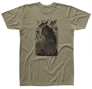 Guara Tee: Tan T-shirt with an armadillo design in a cotton/poly blend.