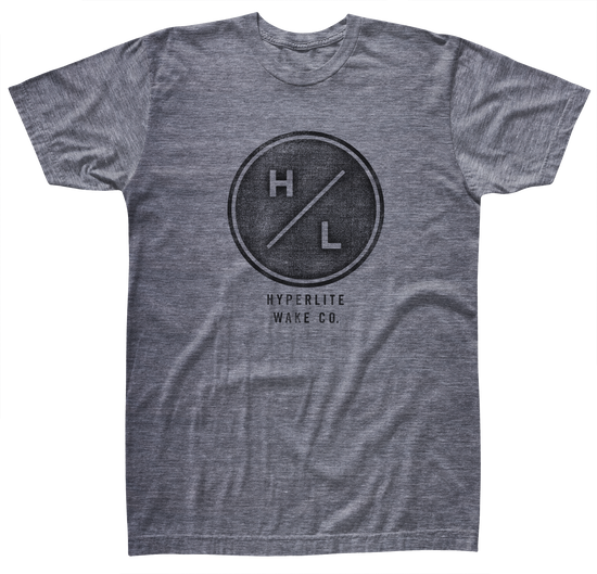 Gray HYERLITE WAKE CO. Outlier Tee Heather in Airlume cotton with a circular HL logo.