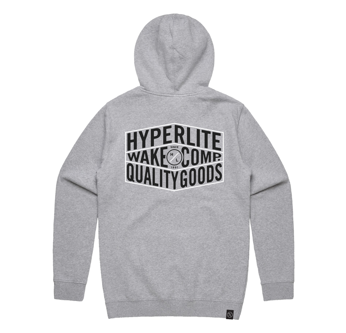 Heather gray Quality Goods hoodie with Hyperlite Wake Comp text.