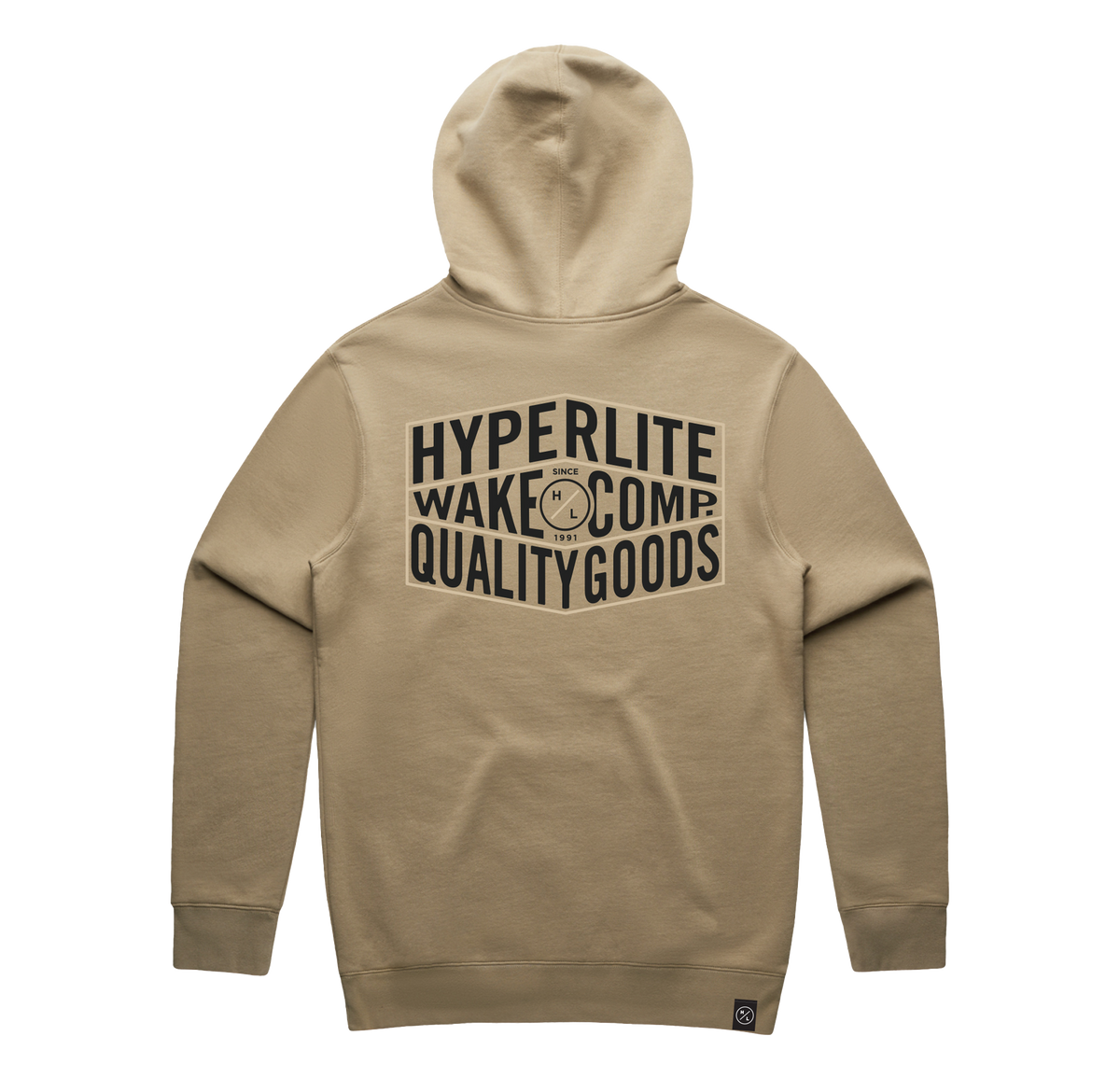 Quality Goods Hoodie Sand with Hyperlite Wake Comp text on anti-pill fleece.