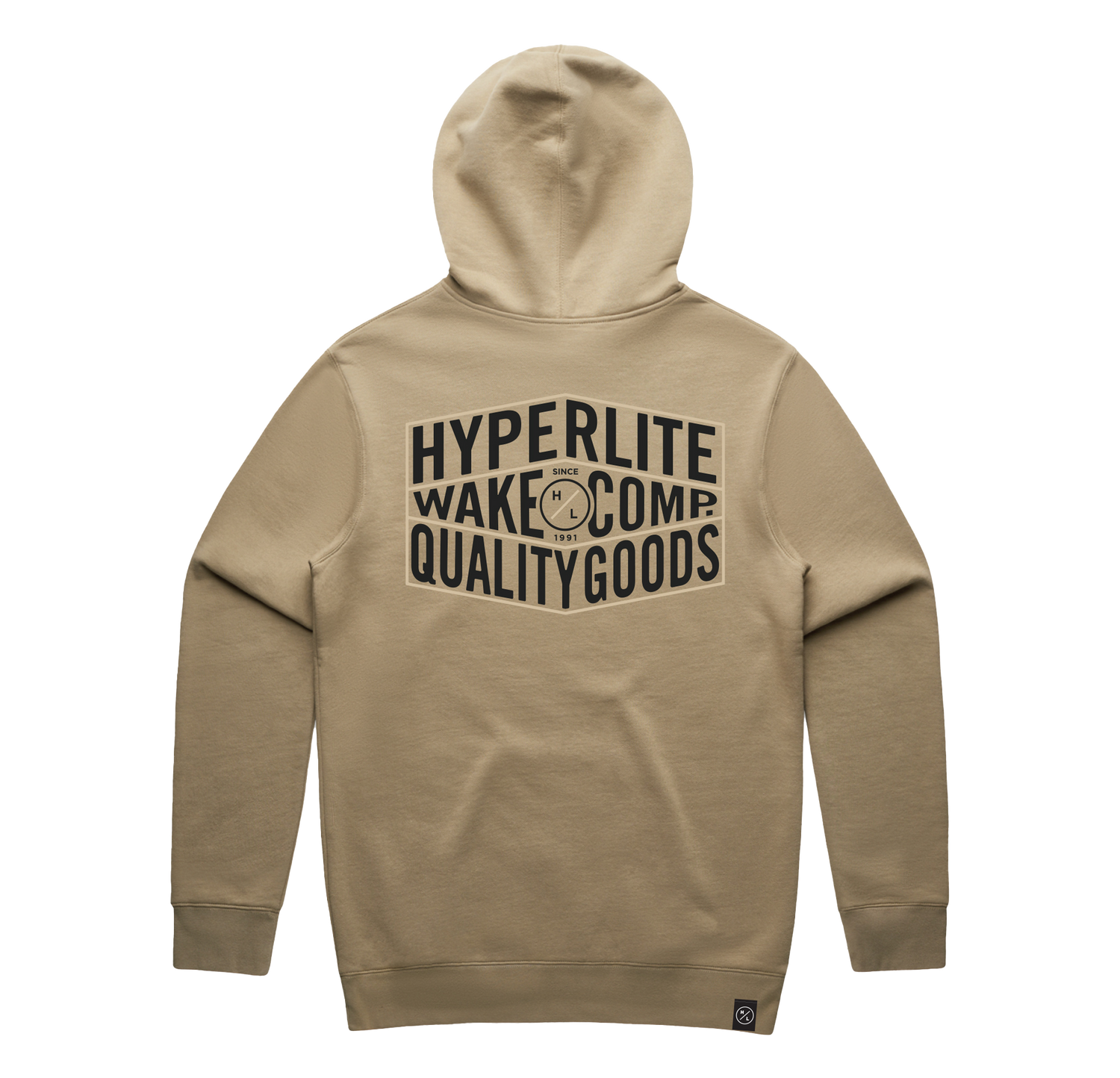 Quality Goods Hoodie Sand with Hyperlite Wake Comp text on anti-pill fleece.