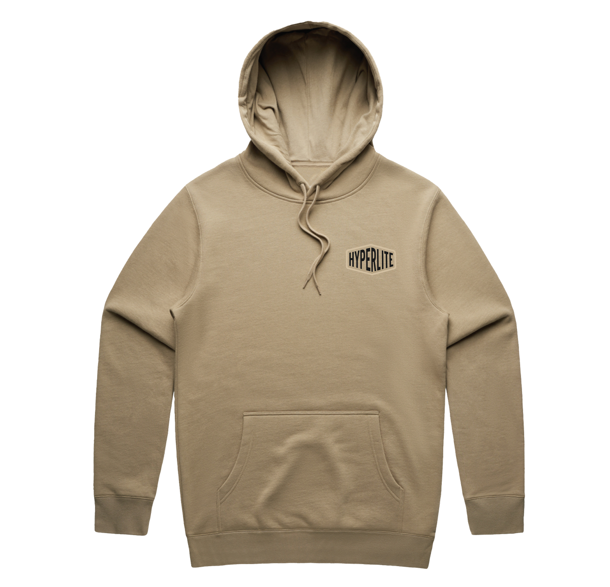 Quality Goods Hoodie Sand: heavyweight, front pocket, Hyperlite chest logo.