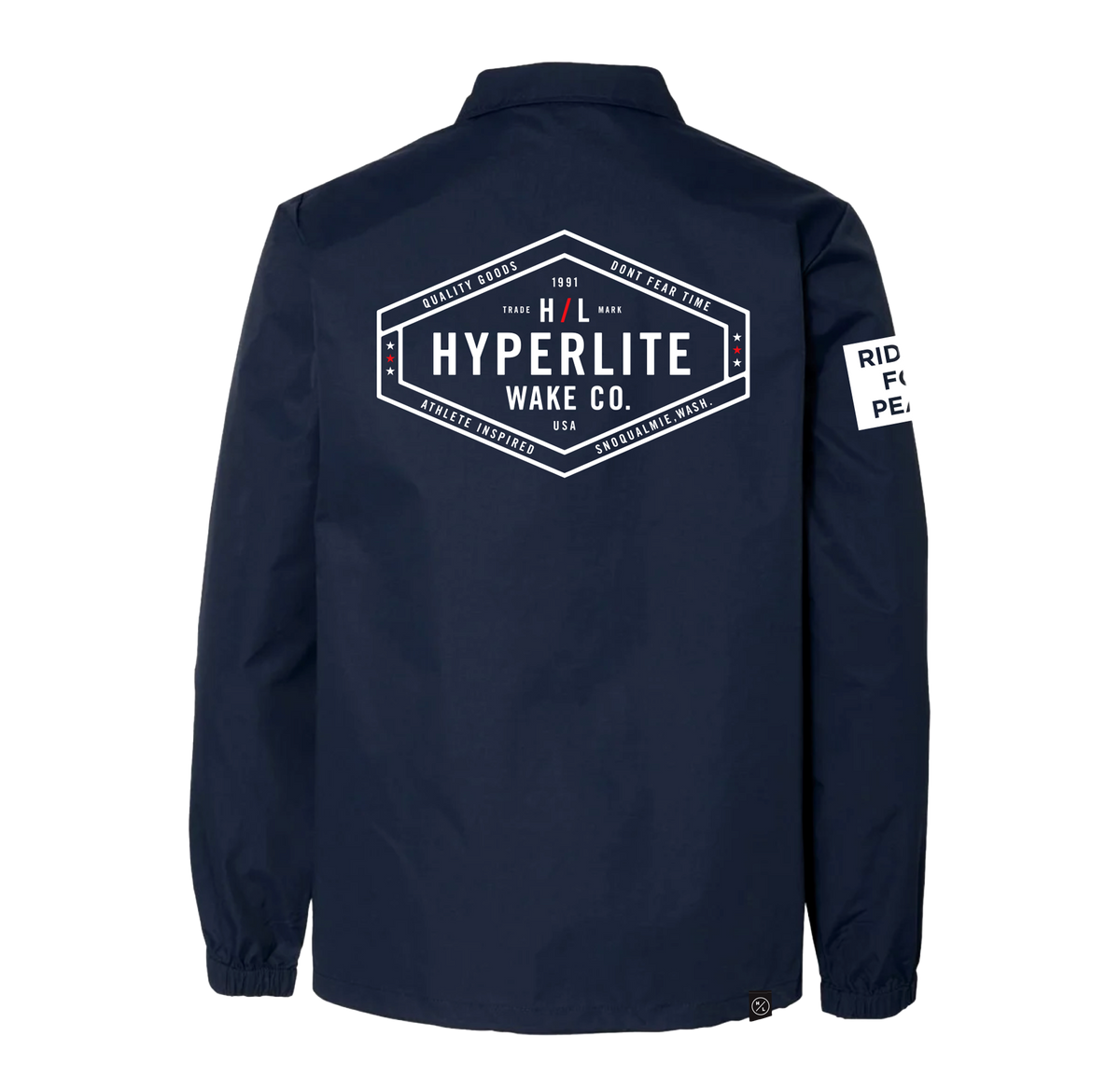 Riders Coach Jacket with Hyperlite Wake Co. logo and Ride for Peace sleeve, nylon shell.