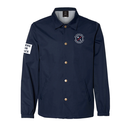 Navy Riders Coach Jacket with chest logo and sleeve patch; nylon outer shell.