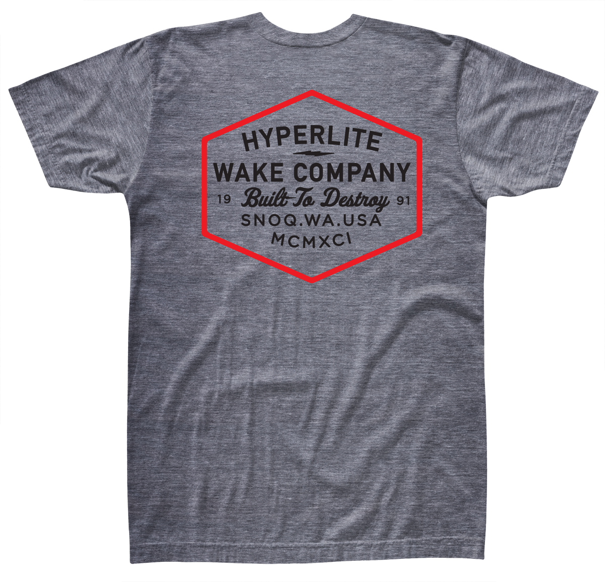 Shield Tee in gray Premium Triblend cotton with a red-outlined hexagonal logo and back text.
