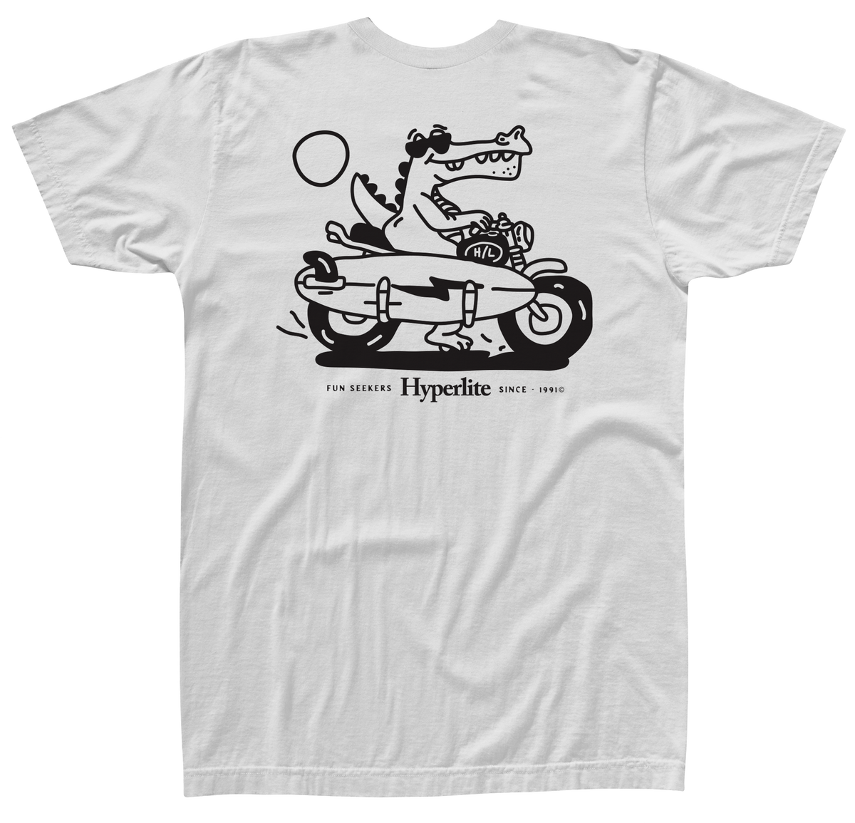 Gator on a motorcycle with surfboard on white Surf Club Tee.