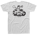 Gator on a motorcycle with surfboard on white Surf Club Tee.
