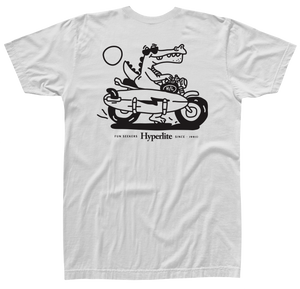Gator on a motorcycle with surfboard on white Surf Club Tee.