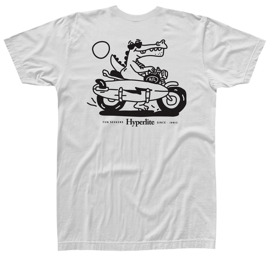 Gator on a motorcycle with surfboard on white Surf Club Tee.