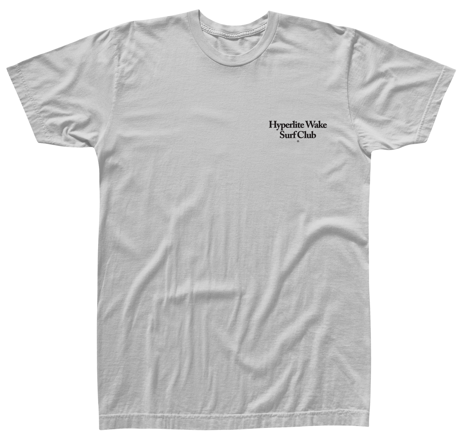 Surf Club Tee: Gray with Hyperlite Wake Surf Club text in black on left chest.