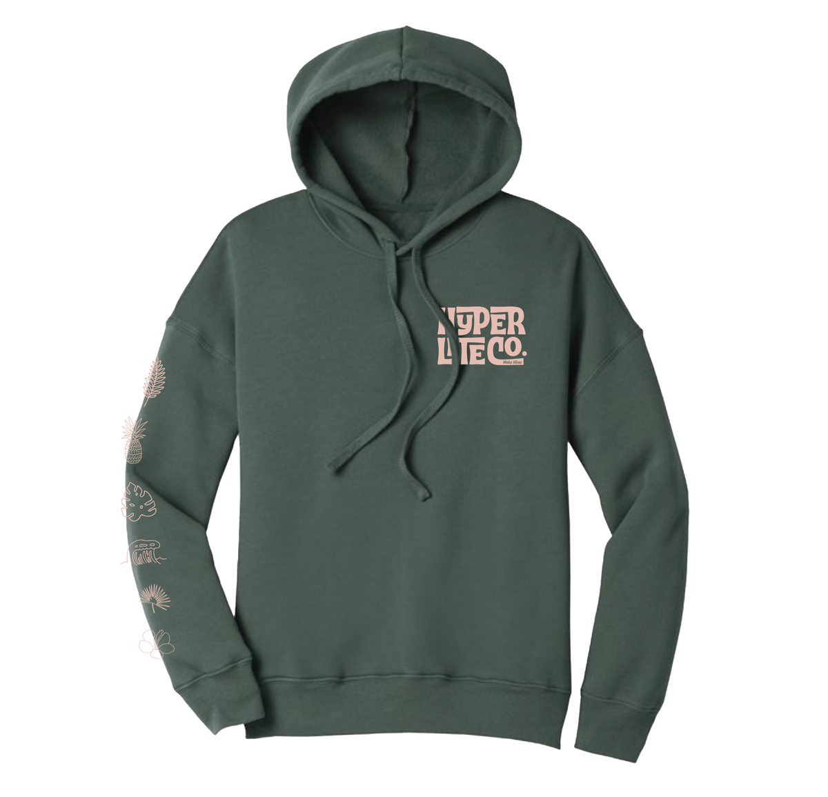 Tiki Womens Hoodie, dark green with chest logo and floral design on the right sleeve.