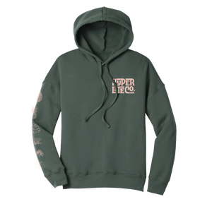 Tiki Womens Hoodie, dark green with chest logo and floral design on the right sleeve.
