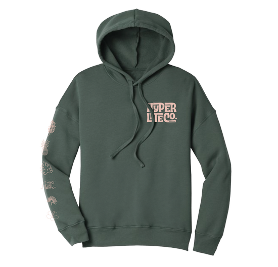 Tiki Womens Hoodie, dark green with chest logo and floral design on the right sleeve.