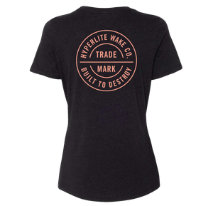 Trademark Womens Tee Black with HYPERLITE WAKE CO. pink logo, made sustainably.