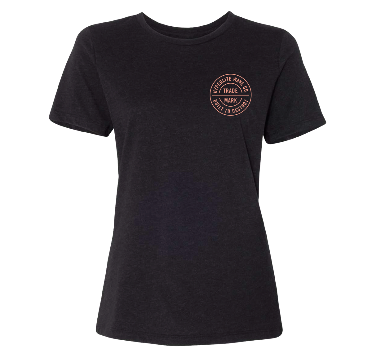 Trademark Womens Tee Black: Athletic fit with small circular design on upper left.