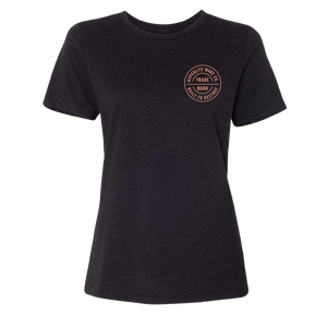 Trademark Womens Tee Black: Athletic fit with small circular design on upper left.