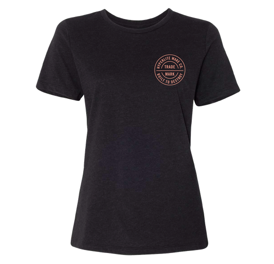Trademark Womens Tee Black: Athletic fit with small circular design on upper left.