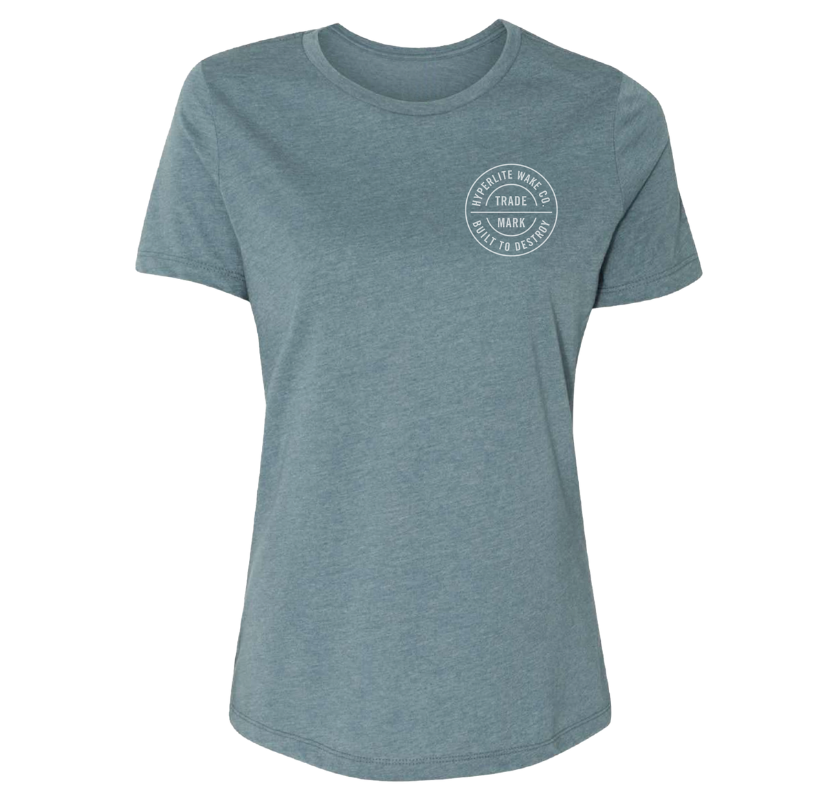Slate tee with white circular logo, made sustainably: Trade Mark Womens Tee.