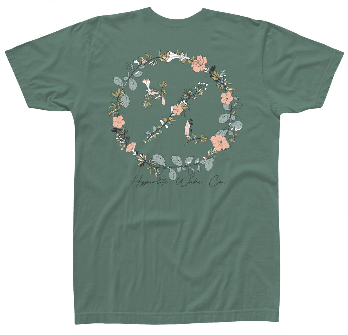 Garden Pocket Womens Tee Moss, featuring a floral peace sign, sustainably crafted.