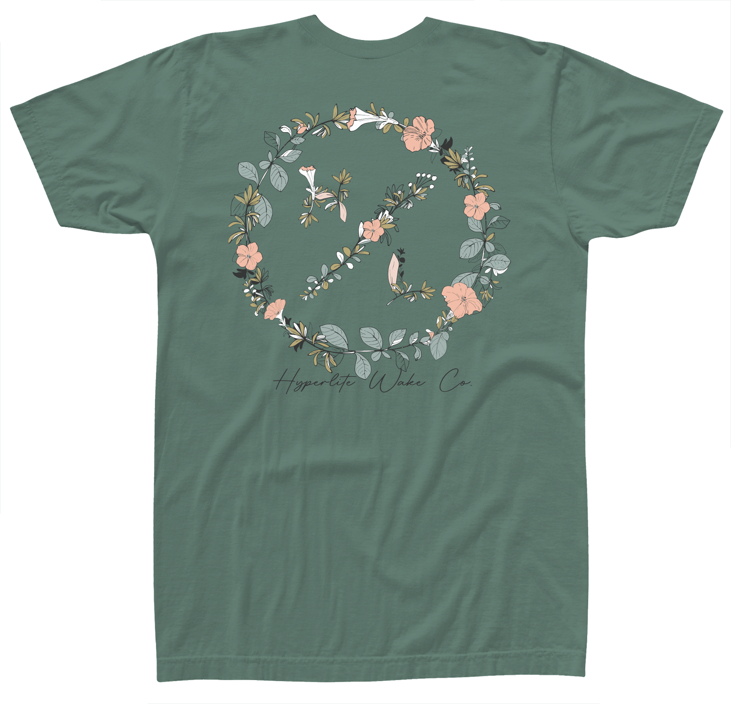Garden Pocket Womens Tee Moss, featuring a floral peace sign, sustainably crafted.