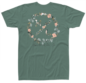 Garden Pocket Womens Tee Moss, featuring a floral peace sign, sustainably crafted.