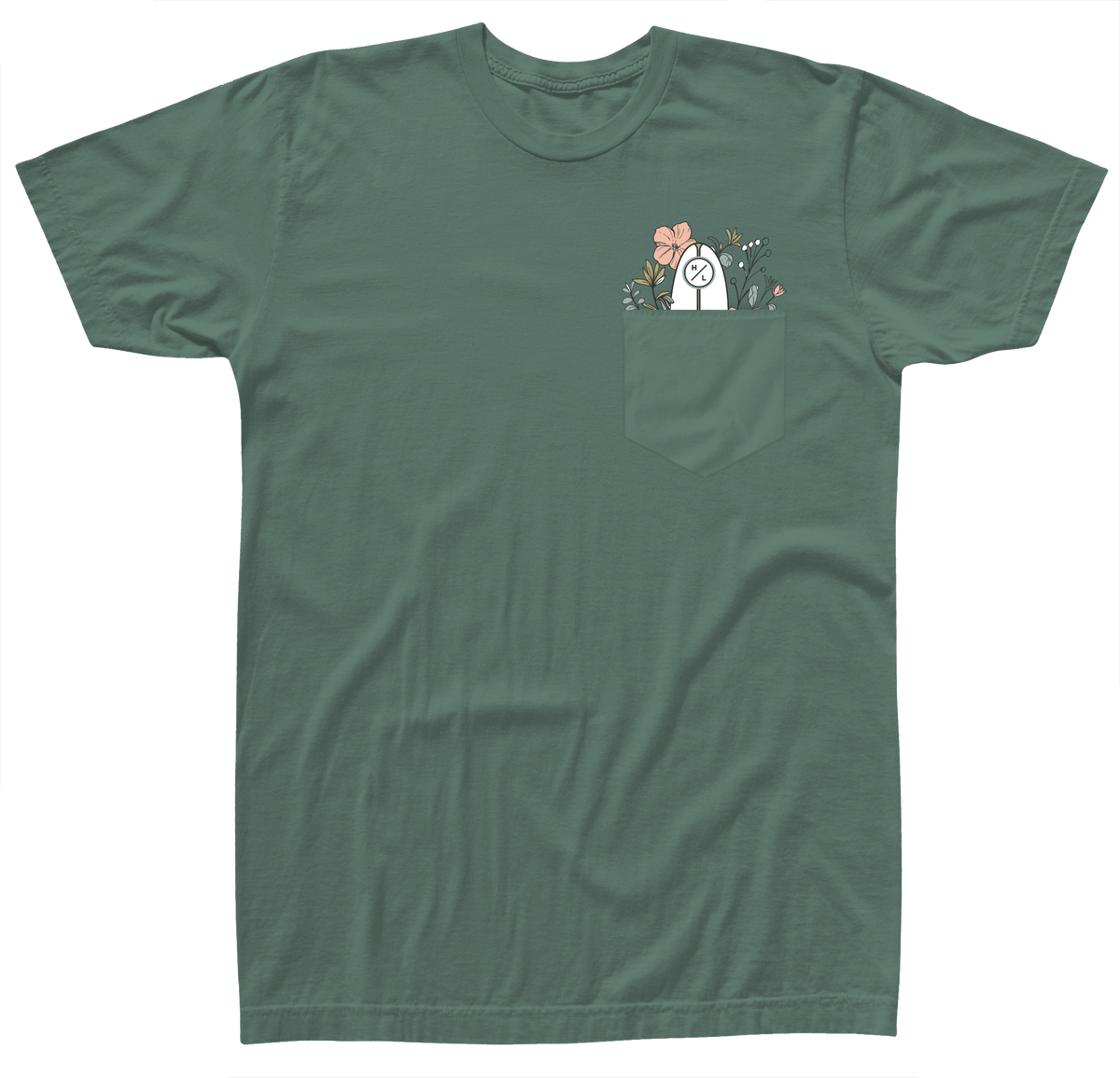 Garden Pocket Womens Tee Moss with floral design and small white character peeking out.