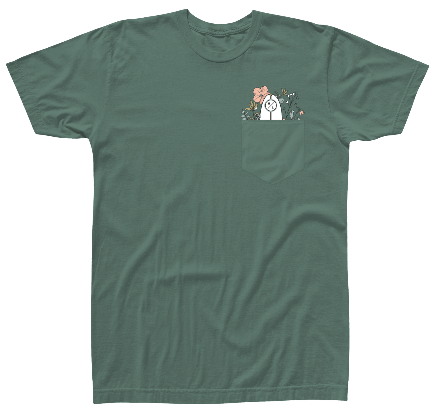 Garden Pocket Womens Tee Moss with floral design and small white character peeking out.