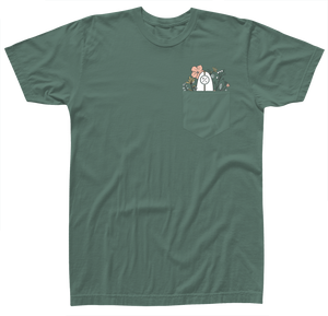 Garden Pocket Womens Tee Moss with floral design and small white character peeking out.