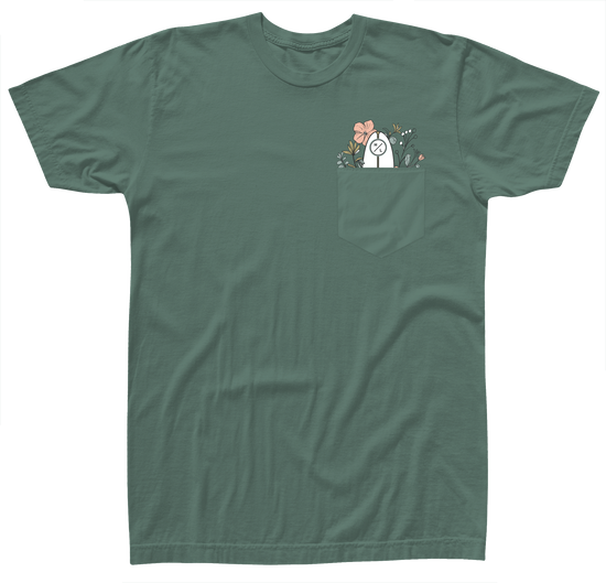 Garden Pocket Womens Tee Moss with floral design and small white character peeking out.