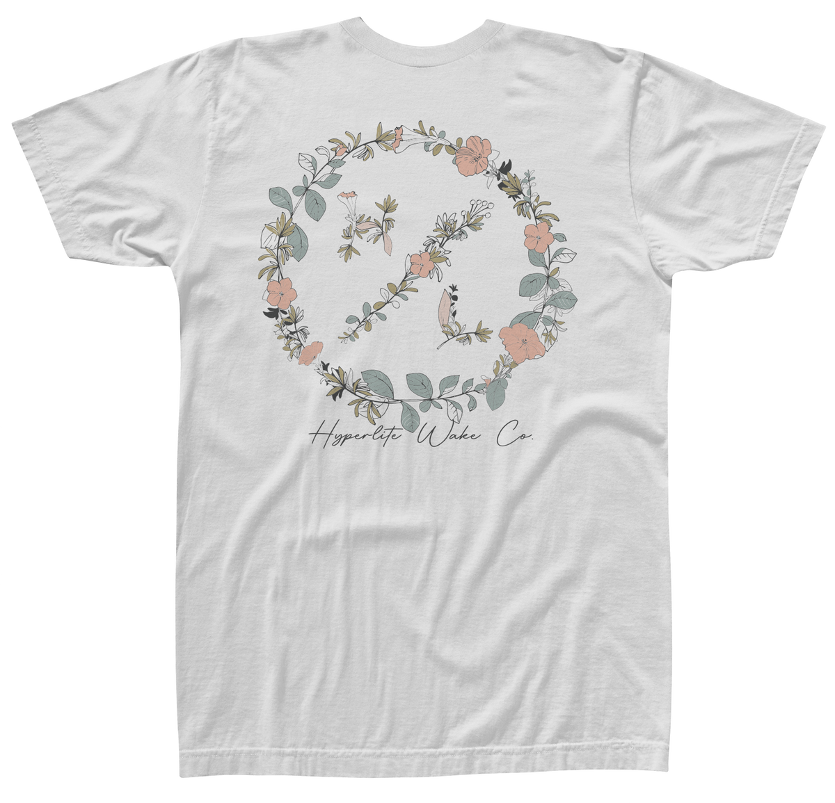 Garden Pocket Womens Tee White with floral peace sign, Hypnotic Wake Co. text, eco-friendly.