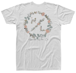 Garden Pocket Womens Tee White with floral peace sign, Hypnotic Wake Co. text, eco-friendly.