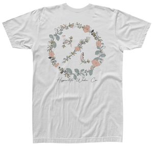 Garden Pocket Womens Tee White with floral peace sign, Hypnotic Wake Co. text, eco-friendly.