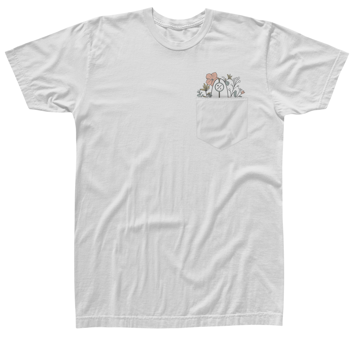 Garden Pocket Womens Tee White has a small floral design in a sustainable style.