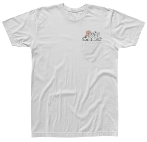 Garden Pocket Womens Tee White has a small floral design in a sustainable style.
