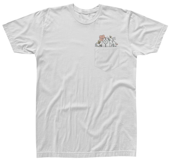 Garden Pocket Womens Tee White has a small floral design in a sustainable style.