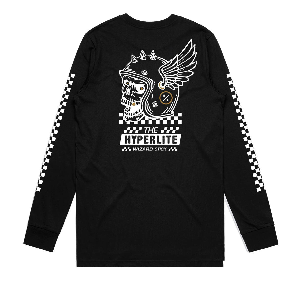 Black Wizard LS Tee with winged skull and checkerboard sleeves.