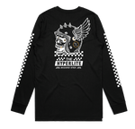 Black Wizard LS Tee with winged skull and checkerboard sleeves.