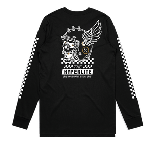 Black Wizard LS Tee with winged skull and checkerboard sleeves.