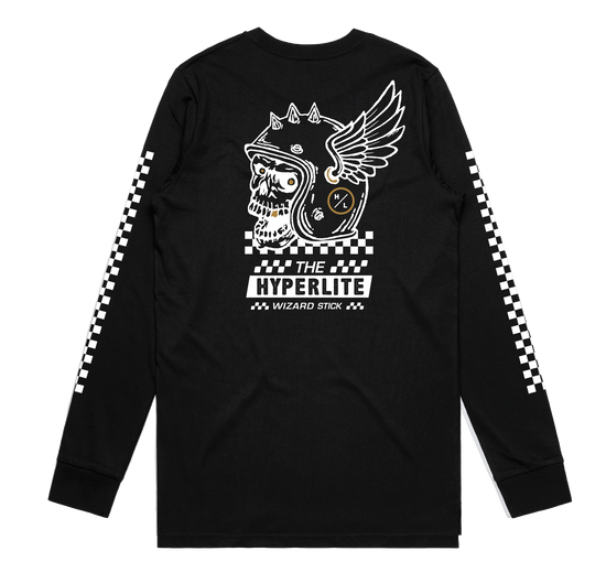 Black Wizard LS Tee with winged skull and checkerboard sleeves.