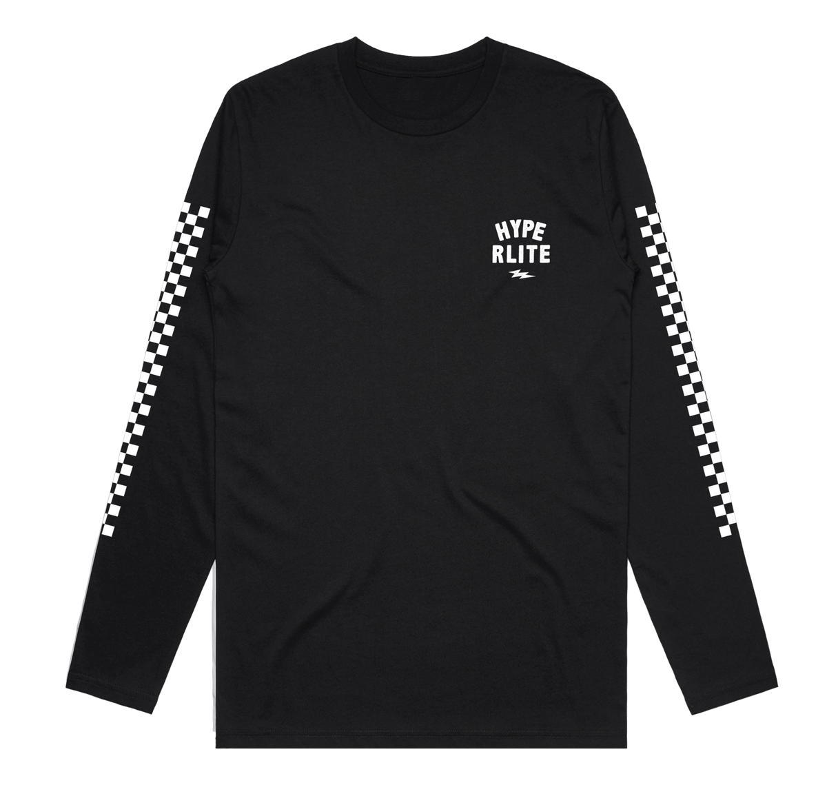 Black Wizard LS Tee with checkered sleeves & HYPE RLITE chest logo.