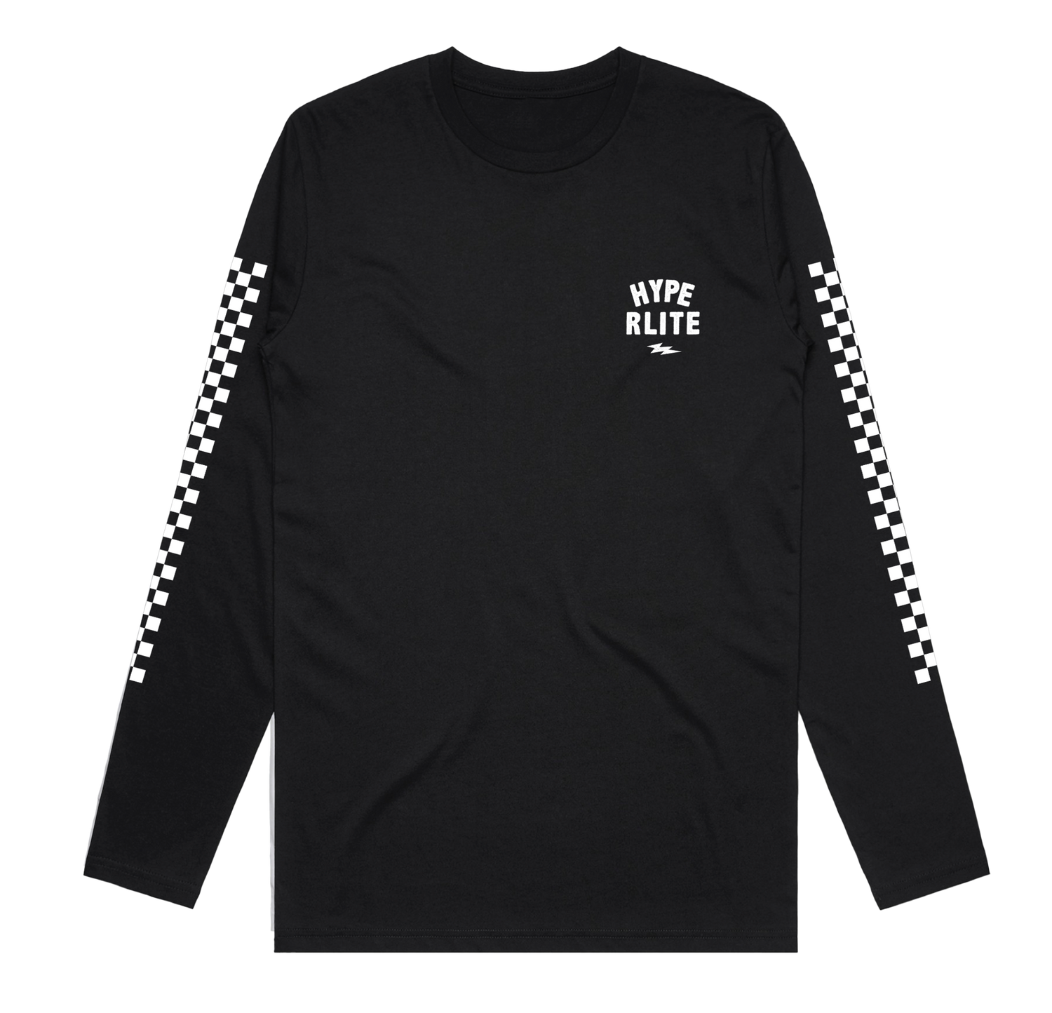 Black Wizard LS Tee with checkered sleeves & HYPE RLITE chest logo.