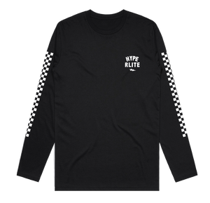 Black Wizard LS Tee with checkered sleeves & HYPE RLITE chest logo.