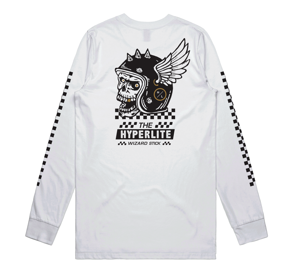 Wizard LS Tee White featuring a skull design and The Hyperlite on the back.