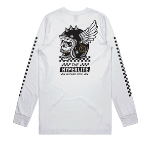 Wizard LS Tee White featuring a skull design and The Hyperlite on the back.