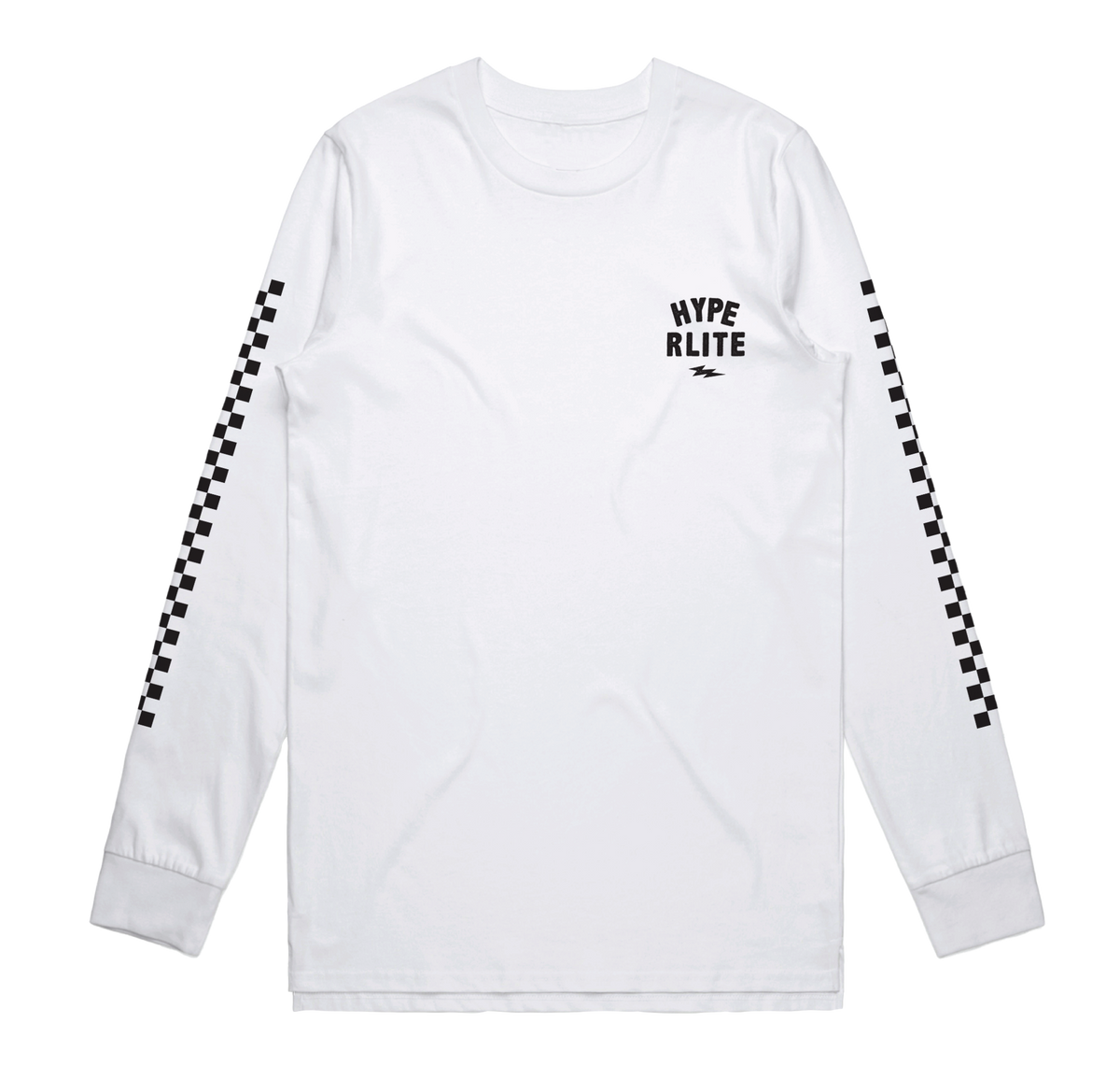 Wizard LS Tee White features HYPERLITE text and checkerboard sleeves.