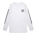 Wizard LS Tee White features HYPERLITE text and checkerboard sleeves.
