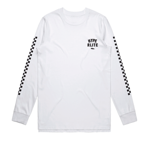 Wizard LS Tee White features HYPERLITE text and checkerboard sleeves.