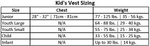 Sizing chart for junior to infant Boys Toddler Indy CGA Vest with chest/weight details. USCG Approved.