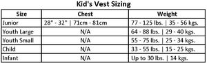 Kids vest sizing: Junior, Youth Large, Girls Youth Indy - CGA Vest; by chest and weight.